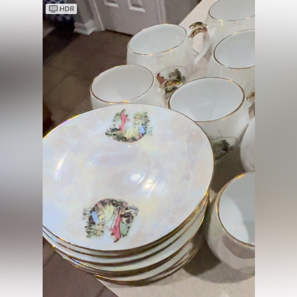 RARE Vintage China. Beautiful shimmering opal iridescent 9 cups and 9 saucers,